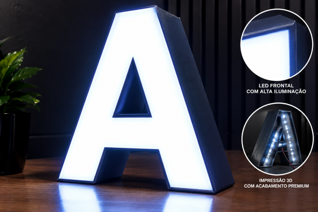 Letra caixa em impressão 3D com LED frontal de alta luminosidade, acabamento premium para comunicação visual personalizada.